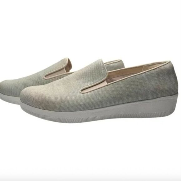 FITFLOP GLITTER CREAM GREY HOUNDSTOOTH SUPERSKATE TEXTILE WEDGE LOAFERS FLATS - Picture 1 of 10